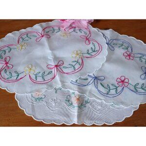 3 Vintage Doily Doilies Hand Embroidered Floral Table Topper Cotton